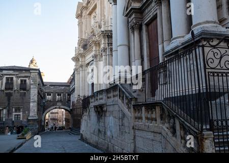 Sicily, Catania - 20 July 2021: Via dei Crociferi street, San Benedetto church Stock Photo