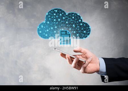 Cloud technology. Polygonal wireframe cloud storage sign with document icon on dark blue. Cloud computing, big data center, future infrastructure, dig Stock Photo
