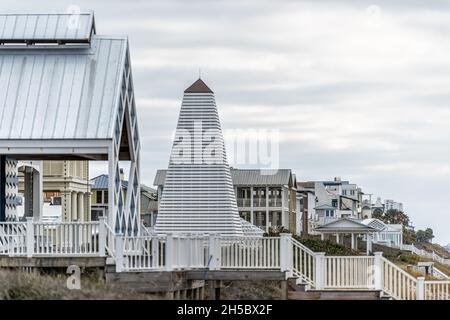 Seaside Florida cityscape of town with wooden pavilion tower new urbanism architecture on beach ocean with coastline in Florida Stock Photo