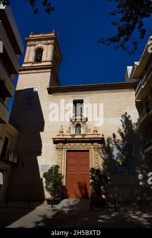 Facade of the parish church of Iglesia Parroquial de la Virgen María de la Salud, a catholic building in the city of Xirivella from the 18th century, Stock Photo