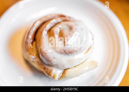 One large cooked baked cinnamon bun roll swirl dessert on white plate with sugar crust on kitchen table Stock Photo