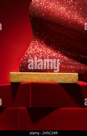 Majestic red podium with gift boxes and gold Christmas decor Red ...
