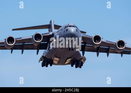 Papa, Hungary - May 10, 2021: Military transport plane at air base. Air force flight operation. Aviation and aircraft. Air lift. Military industry. Fl Stock Photo