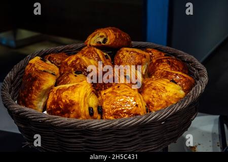 French pastries croissant with chocolate display into a hotel on the breakfast. Hight quality photo Stock Photo