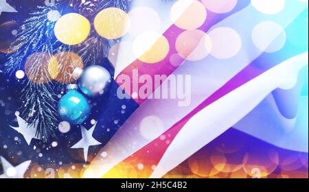 Merry Christmas and Happy New Year. Beautiful card with American flag. Congratulations to loved ones, family, relatives, friends and colleagues Stock Photo