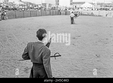 Very young bull fighter fighting black young bull on a small arena outside Madrid Spain. photo: Bo Arrhed Stock Photo