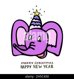 A cheerful pink elephant is smiling in a violet hat in the style of a cartoon with lettering Merry Christmas and Happy New Year. Stock Vector