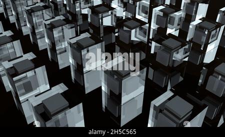 Geometric cabinets with 3d render transparent walls. Crystal server room for storing blocks of information. Square microprocessors of quantum computer Stock Photo