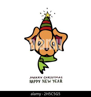 Cheerful ginger dog in a red green hat and a green scarf in a cartoon style with lettering Merry Christmas and Happy New Year. Stock Vector