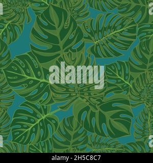 Tropical monstera leaves. realistic drawing in vintage style. Seamless background. Stock Vector