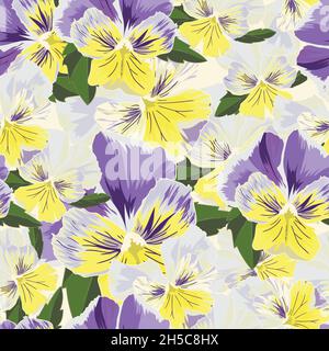 Set of flowers pansies with leafs in realistic hand-drawn style Stock Vector