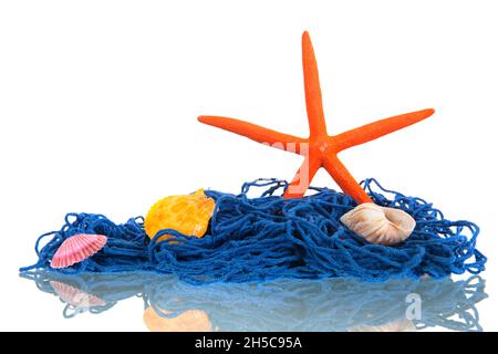 Fishing net with shells and starfish isolated Stock Photo