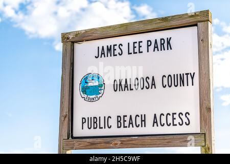 Fort Walton Beach, USA - January 13, 2021: Okaloosa Island county James Lee Park Public Beach Access in Florida Panhandle Gulf of Mexico closeup blue Stock Photo