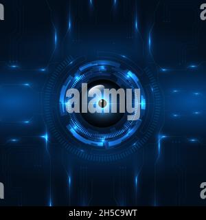 Blue cyber eye circuit board digital technology futuristic concept background. Electronic motherboard hi tech concept. Dark blue eye technologies Stock Vector