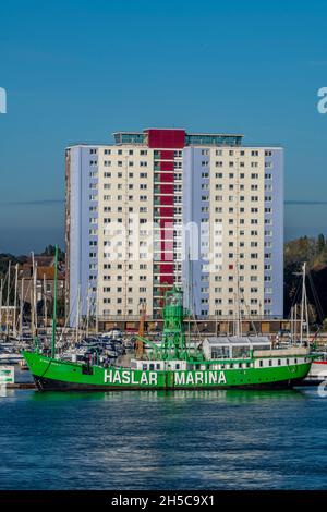 old trinity house lighthouse lightship at the entrance to haslar marina in gosport, portsmouth harbour uk Stock Photo