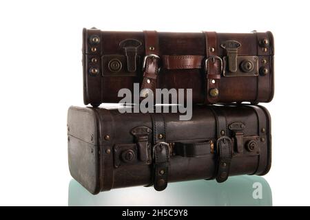 Two vintage suitcases isolated over white background Stock Photo