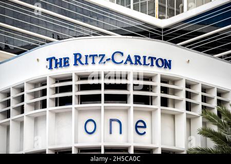 Miami Beach, USA - January 17, 2021: South Beach Lincoln road with The Ritz-Carlton Ritz Carlton One hotel resort spa on Collins Avenue near Ocean Dri Stock Photo