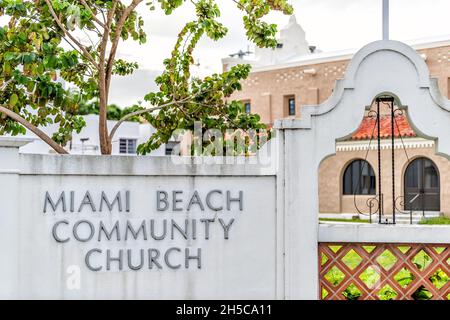 Miami Beach, USA - January 17, 2021: South Beach art deco district with religious building and sign for community church and entrance gate on Lincoln Stock Photo