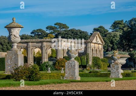 the orangery at holkham hall in norfolk, garden statuary at holkham, holkham hall gardens, palladian architecture, places of interest, historic houses Stock Photo