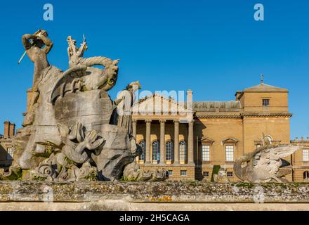 perseus and andromeda statue on fountain at holkham hall in norfolk, poseidon sacrifice, architectural detail, grade 2 listed architecture fountain. Stock Photo