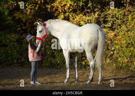 Tambov, Russia, October 20, 2020: Child girl and andalusian dressage horse at the official rehearsal of the Pokrovskaya fair exhibition Stock Photo