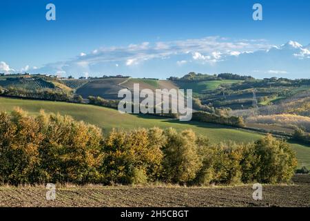 The soft hills between Emilia Romagna and Marche, Pesaro and Urbino province, Italy. Stock Photo