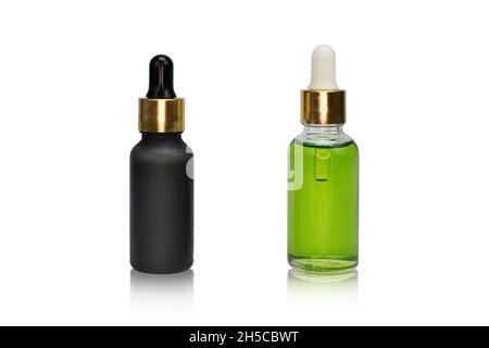 Black and glass medicine pipette dropper bottles isolated on white background Stock Photo