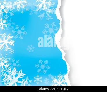Blue christmas background with torn paper.  Illustration of ripped paper with snow flakes. Place for your text or image. Vector available. Stock Vector