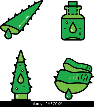 Agava aloe vera green color icons set. Juice from cut succulent. Liquid from sliced cactus leaf. Mortar with pestle for botanical ingredients. Natural Stock Vector