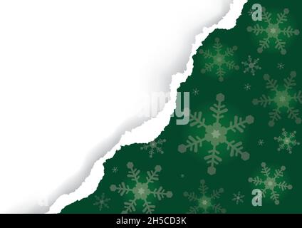 Green christmas background with torn paper.  Illustration of ripped paper with snow flakes. Place for your text or image. Vector available. Stock Vector
