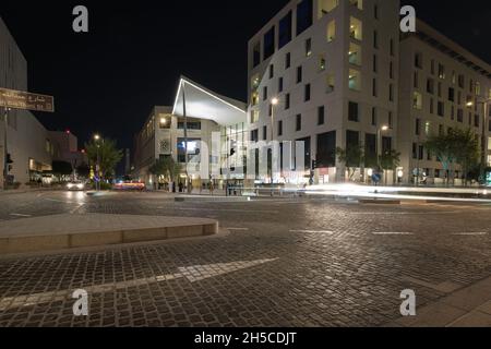 Msheireb Downtown Doha, Qatar night shot which is a new epicenter for design, innovation, and entrepreneurship in the heart of Msheireb Stock Photo