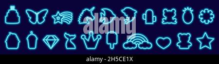 Big set of led fantasy birthday, food, animal neon frames in trendy color. Glow symbols and characters, unicorn, rainbow, butterfly, crown, star, cake Stock Vector
