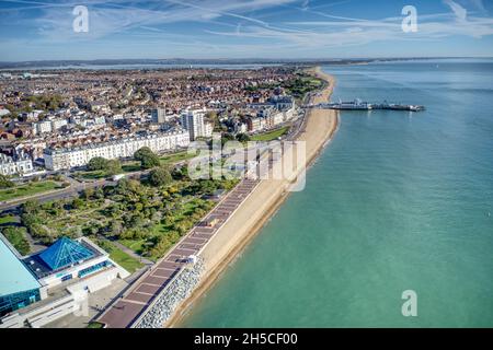Aerial view of Southsea Rock Gardens on the seafront with a view towards Southsea Pier. Stock Photo