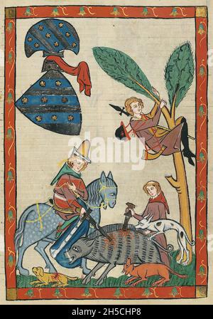CODEX MANESSE An early to middle 14th century German manuscript containing songs and illustrating medieval life.Hunting boar. Stock Photo
