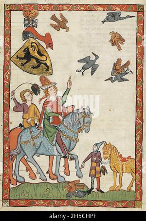 CODEX MANESSE An early to middle 14th century German manuscript containing songs and illustrating medieval life. Falconry. Stock Photo