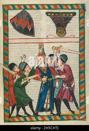 CODEX MANESSE An early to middle 14th century German manuscript containing songs and illustrating medieval life. An assassination, Stock Photo