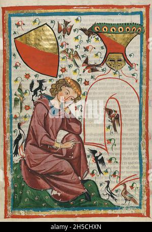 CODEX MANESSE An early to middle 14th century German manuscript containing songs and illustrating medieval life. Contemplating nature. Stock Photo