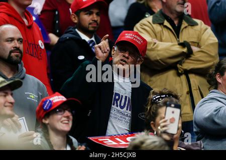11052018 - Fort Wayne, Indiana, USA: Trump supporters show their anger and disdain towards the media and journalists as United States President Donald J. Trump campaigns for Indiana congressional candidates, including Mike Braun, who is running for senate, during a Make America Great Again! rally at the Allen County War Memorial Coliseum in Fort Wayne, Indiana. Stock Photo