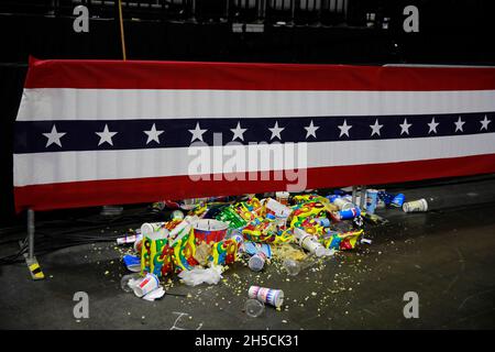 11052018 - Fort Wayne, Indiana, USA: Popcorn and garbage litters the floor after United States President Donald J. Trump campaigned for Indiana congressional candidates during a Make America Great Again! rally at the Allen County War Memorial Coliseum in Fort Wayne, Indiana.