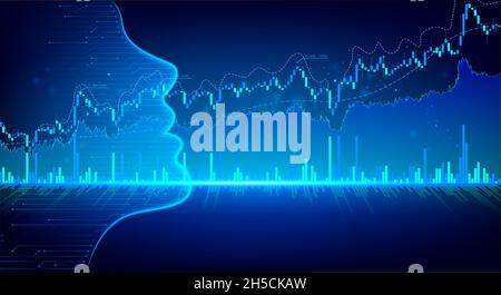 Artificial intelligence trading stock or forex by snalyzing all indicators. Computer software of trade on stock exchange. Cyborg trader. Stock Vector