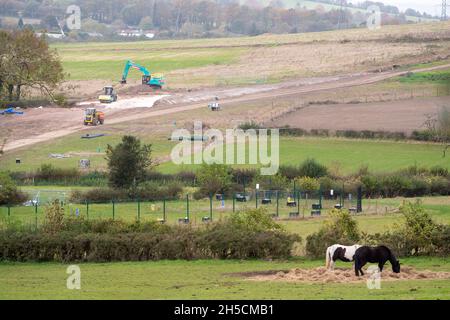 Aylesbury Vale, UK. 8th November, 2021. HS2 construction at Durham Farm next to Jones Hill Wood. A large part of Durham Farm has been compulsorily purchased by HS2. Credit: Maureen McLean/Alamy Live News Stock Photo