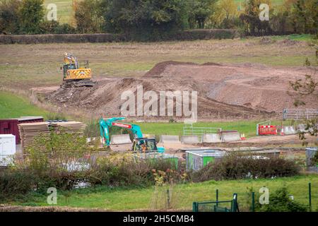 Aylesbury Vale, UK. 8th November, 2021. HS2 construction at Durham Farm next to Jones Hill Wood. A large part of Durham Farm has been compulsorily purchased by HS2. Credit: Maureen McLean/Alamy Live News Stock Photo