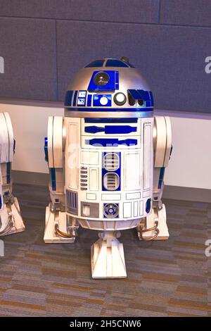 A  replica R2-D2 droid from the Star Wars motion picture franchise is on display during the 2021 Dover Comic Con expo in Dover, Delaware. Stock Photo