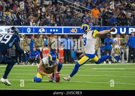 Los Angeles Rams kicker Matt Gay (8) kicks off during an NFL football ...