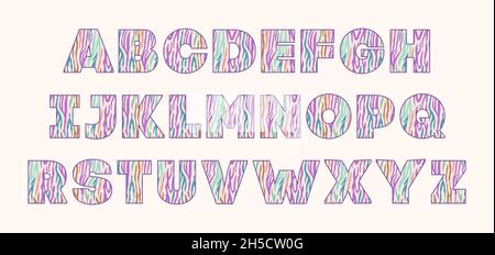 Animal font for posters. Mammals Fur. Retro Zebra alphabet. Vintage print skins typeface, editable and layered. Vector Trendy modern chrome capital Stock Vector