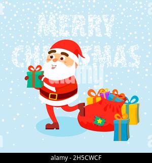 Happy man wearing in Santa Claus clothes with gifts on snow background Merry Christmas concept. Vector illustration in flat cartoon style Stock Vector