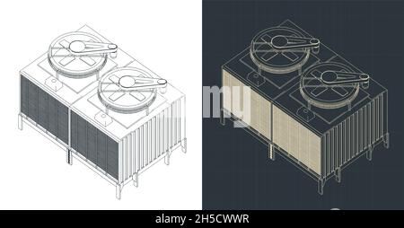 Stylized vector illustration of isometric blueprints of cooling tower Stock Vector