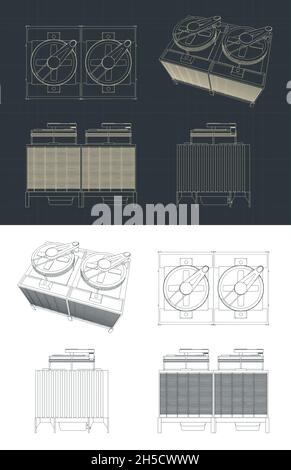 Stylized vector illustration of blueprints of cooling tower Stock Vector
