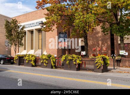 A sign for attractions in front of the Gettysburg Hotel Grand Ballroom on York Street on a sunny fall day in Gettysburg, Pennsylvania, USA Stock Photo