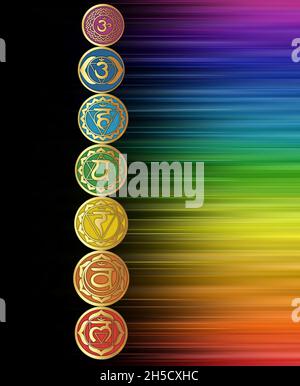 Set of chakras symbol isolated on rainbow colors background Stock Photo